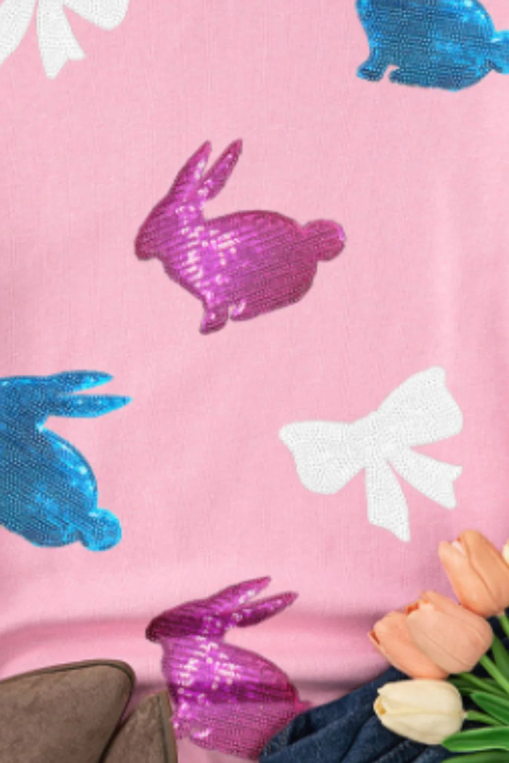 Easter Bunny Bow Knot Sequined Sweatshirt - Image 4