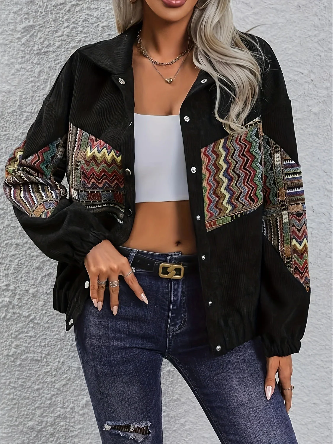 Embroidered Collared Neck Snap Down Jacket - Image 2