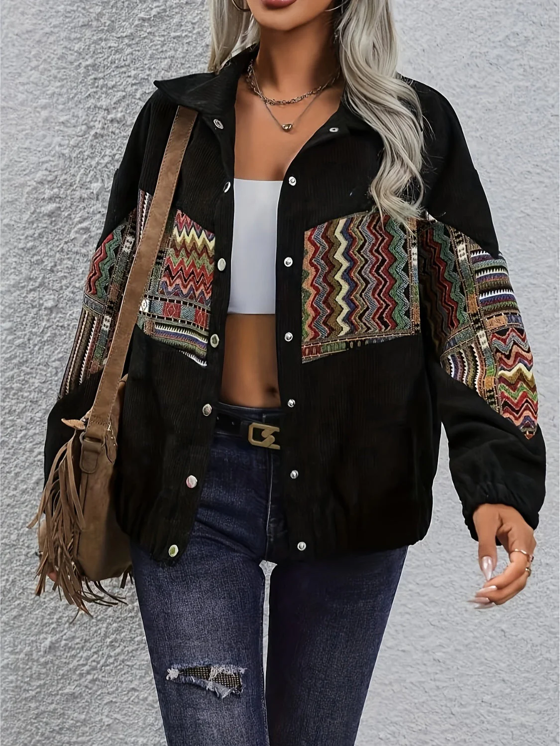 Embroidered Collared Neck Snap Down Jacket - Image 3