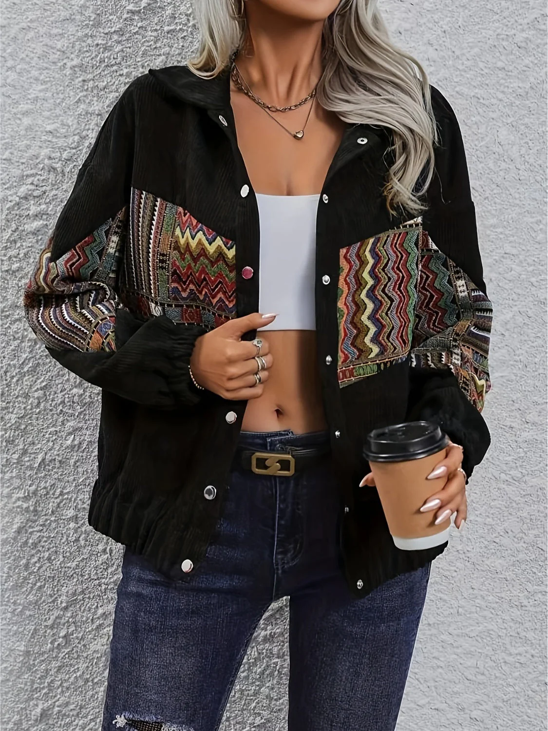 Embroidered Collared Neck Snap Down Jacket - Image 4