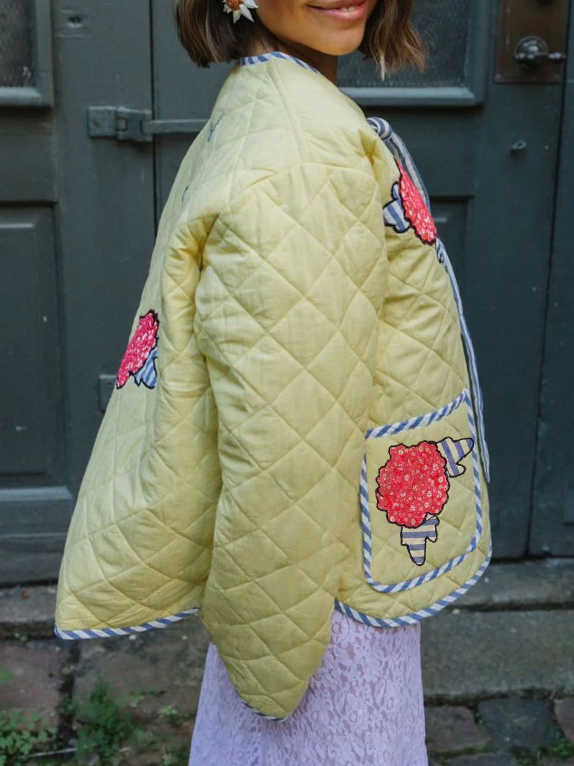 Embroidered Flower Tied Long Sleeve Winter Coat - Image 2