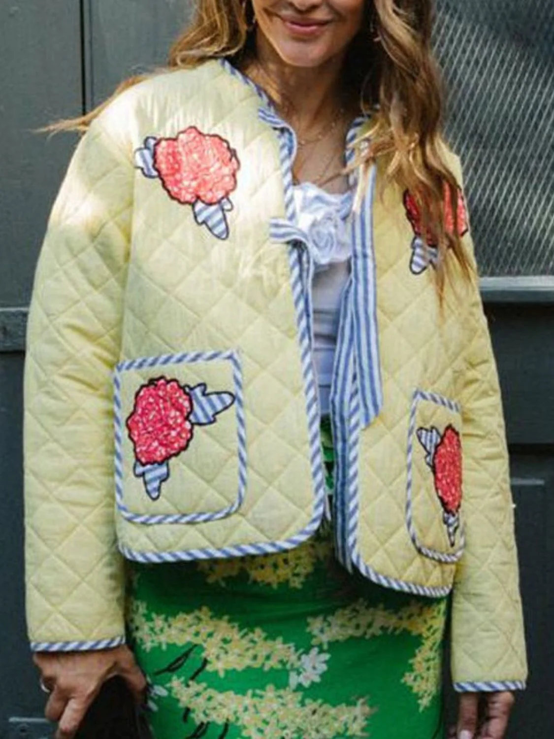 Embroidered Flower Tied Long Sleeve Winter Coat - Image 3