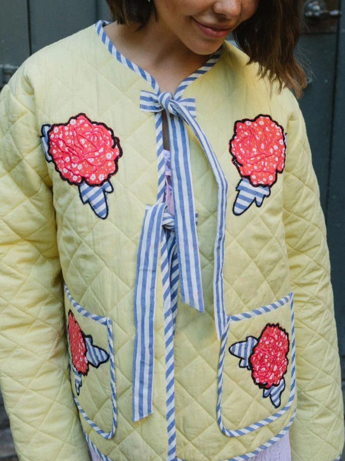 Embroidered Flower Tied Long Sleeve Winter Coat - Image 4