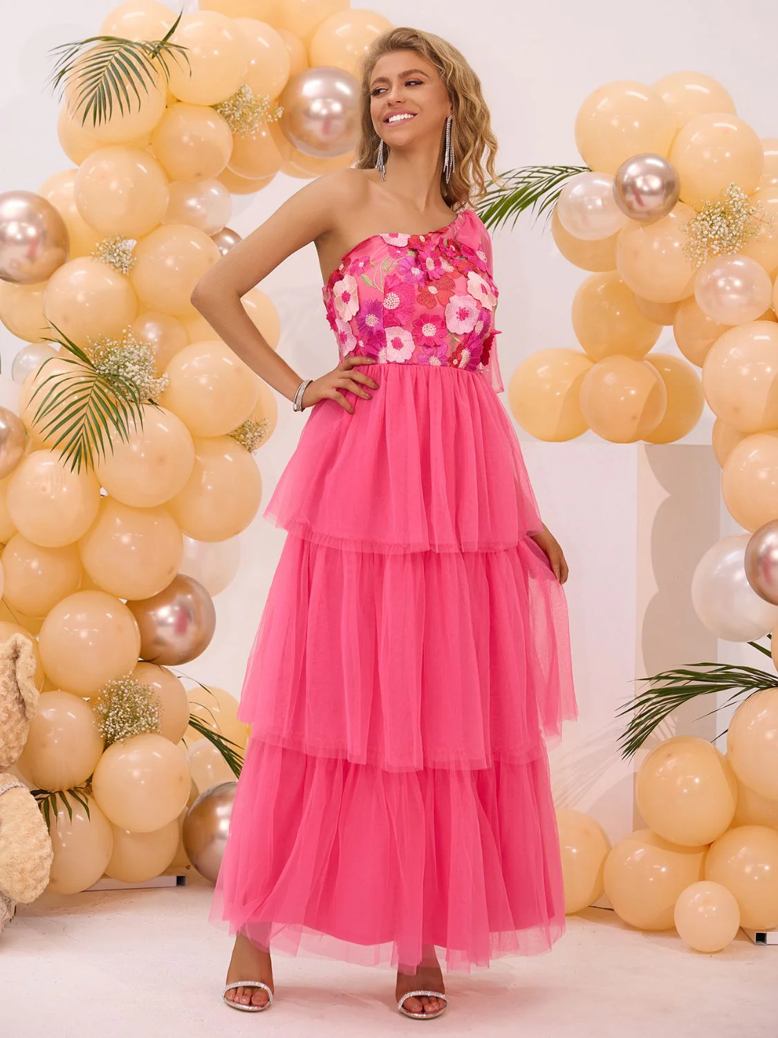 Embroidered Layered Single Shoulder Midi Dress - Image 5