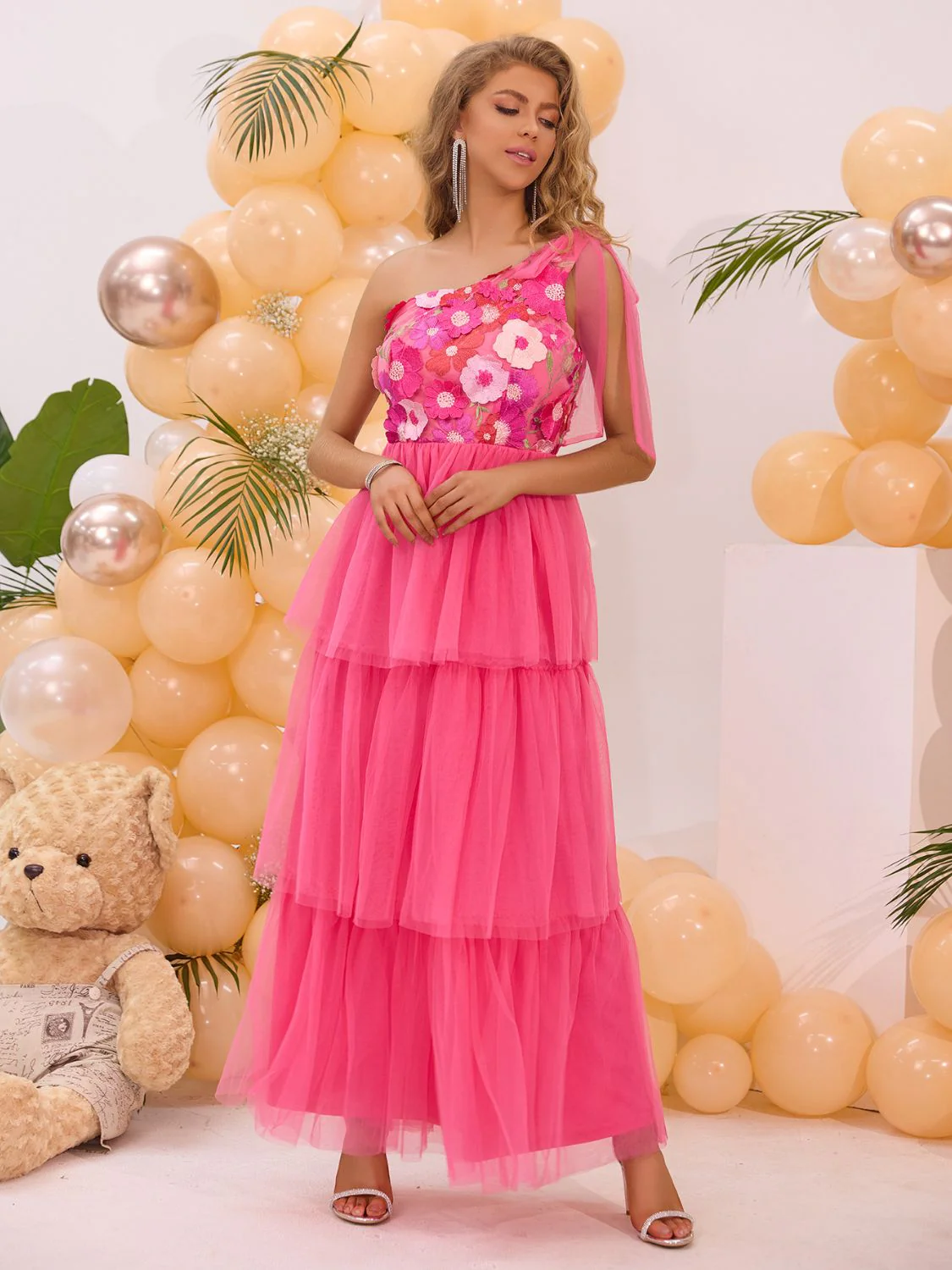 Embroidered Layered Single Shoulder Midi Dress - Image 6