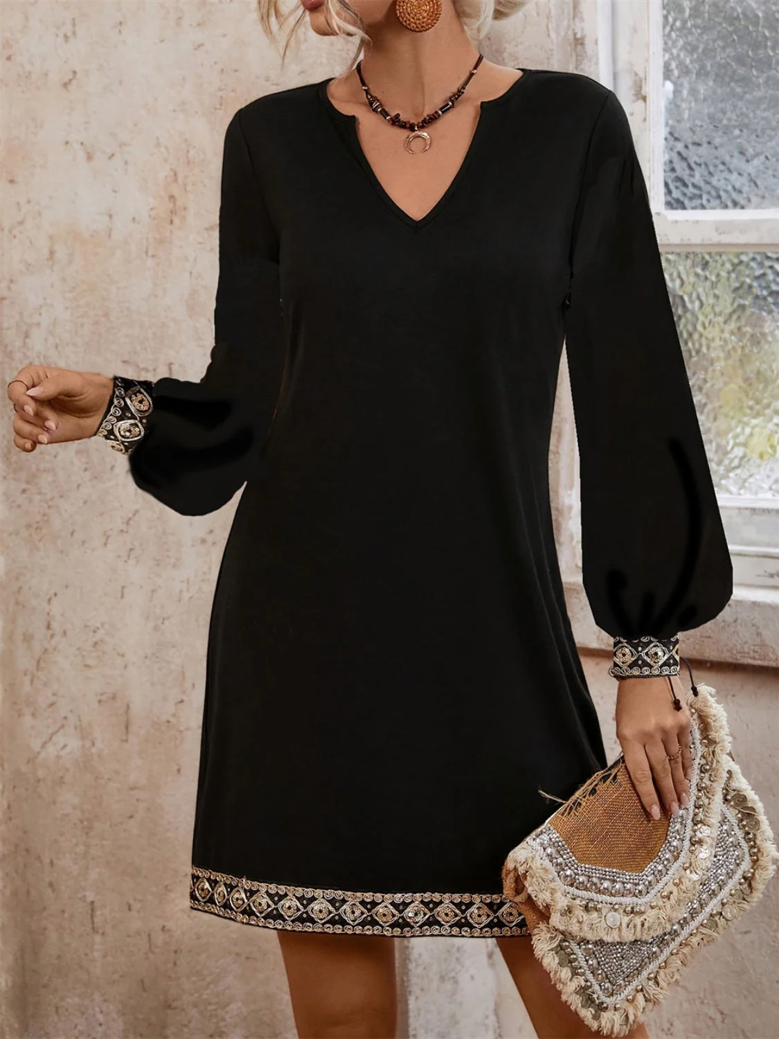 Embroidered Notched Long Sleeve Mini Dress - Image 4