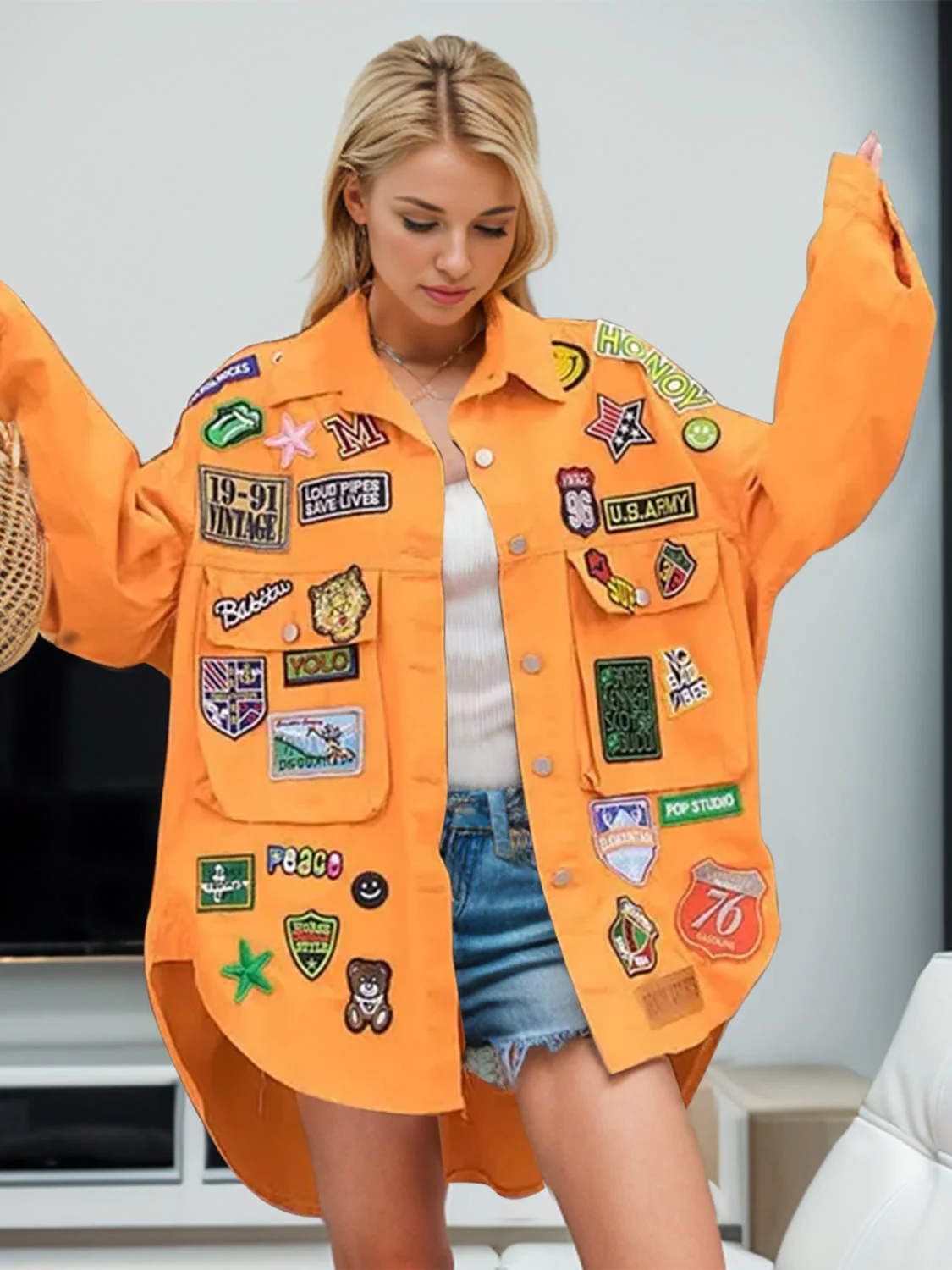 Embroidered Patch Button Up Long Sleeve Denim Jacket - Image 4