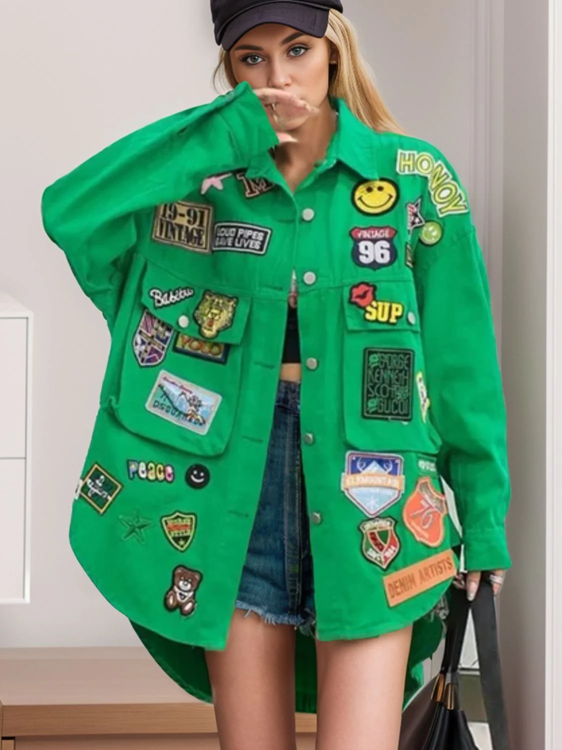 Embroidered Patch Button Up Long Sleeve Denim Jacket - Image 7