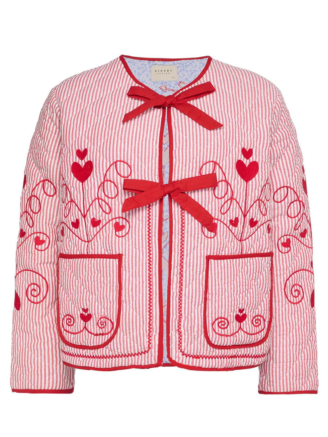Embroidered Tied Striped Round Neck Coat - Image 2