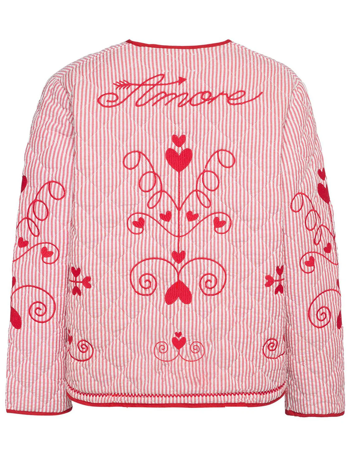 Embroidered Tied Striped Round Neck Coat - Image 3