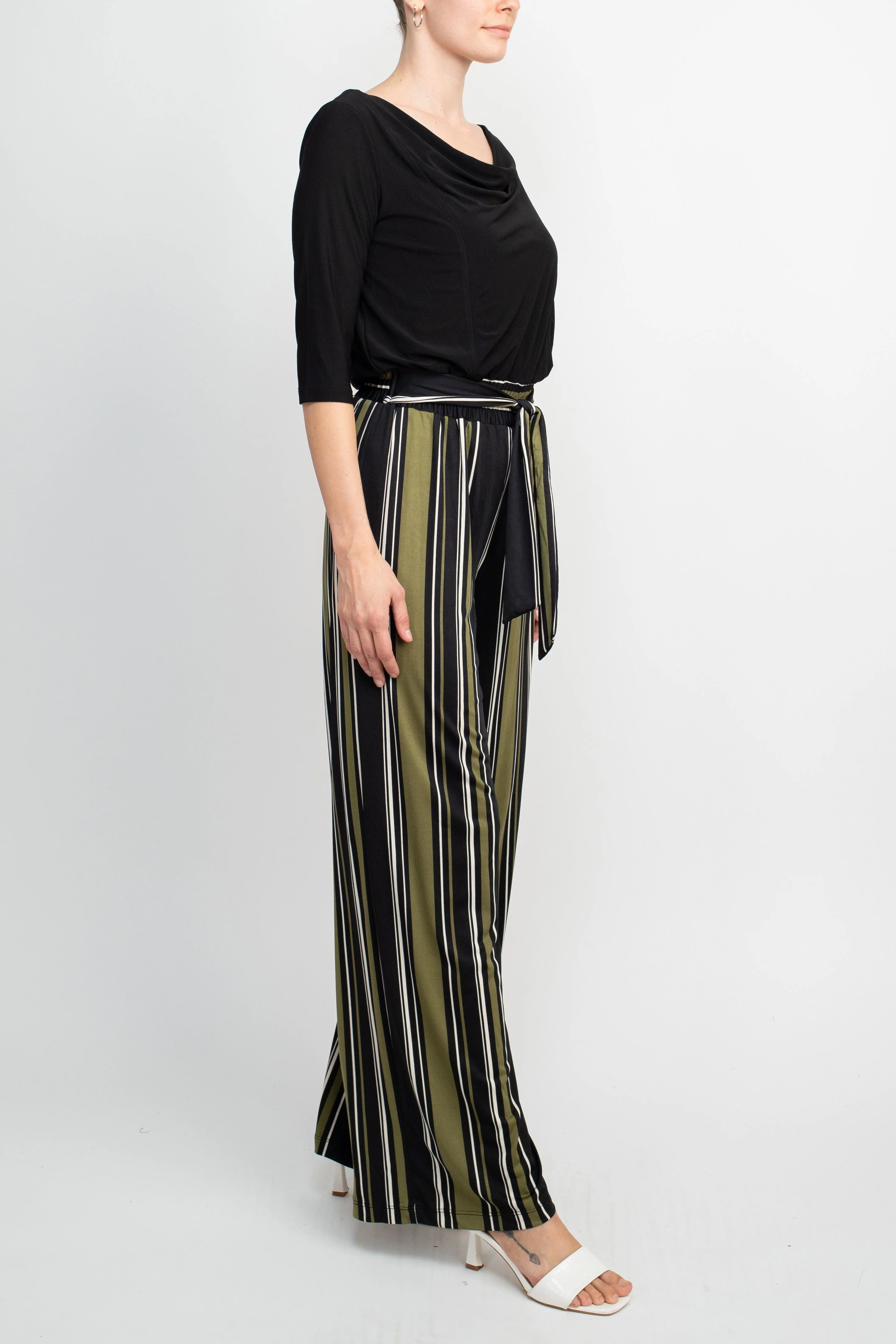 Emma & Michele Cowl Neck 3/4 Sleeve Tie Front Elastic Waist Jersey Jumpsuit by Curated Brands - Image 2