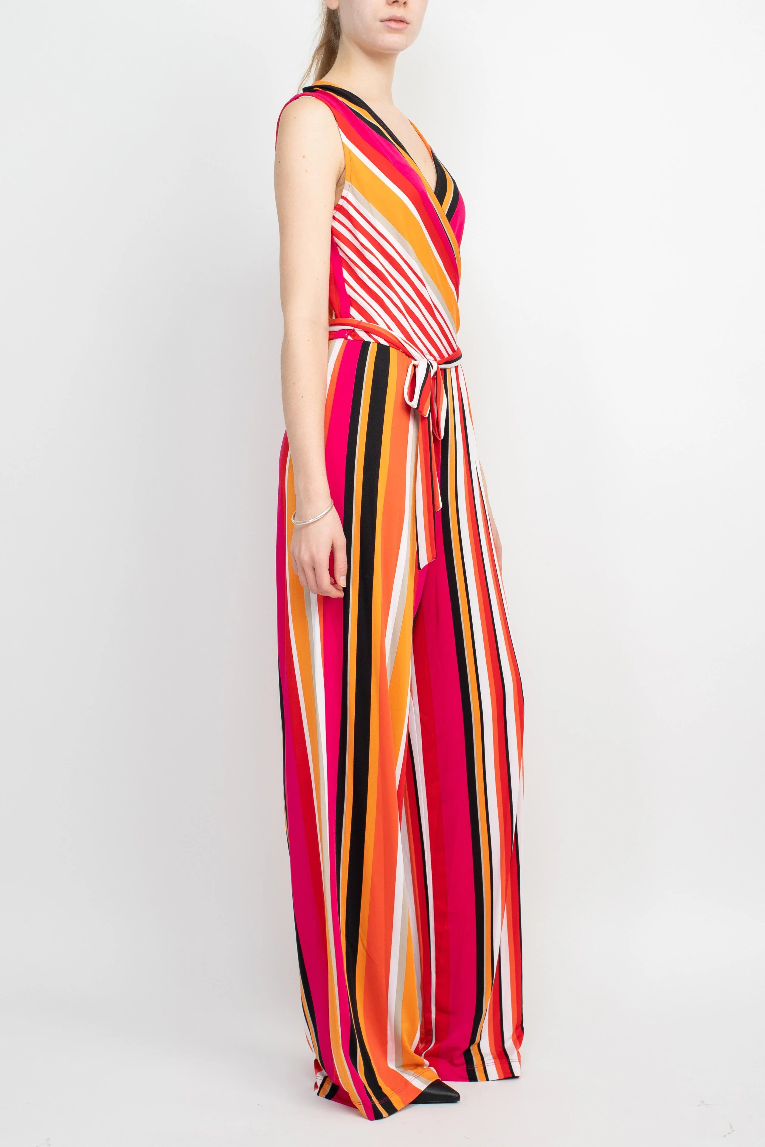 Emma & Michele V-Neck Mock Wrap Top Tie Waist Tripe Print ITY Jumpsuit by Curated Brands - Image 2