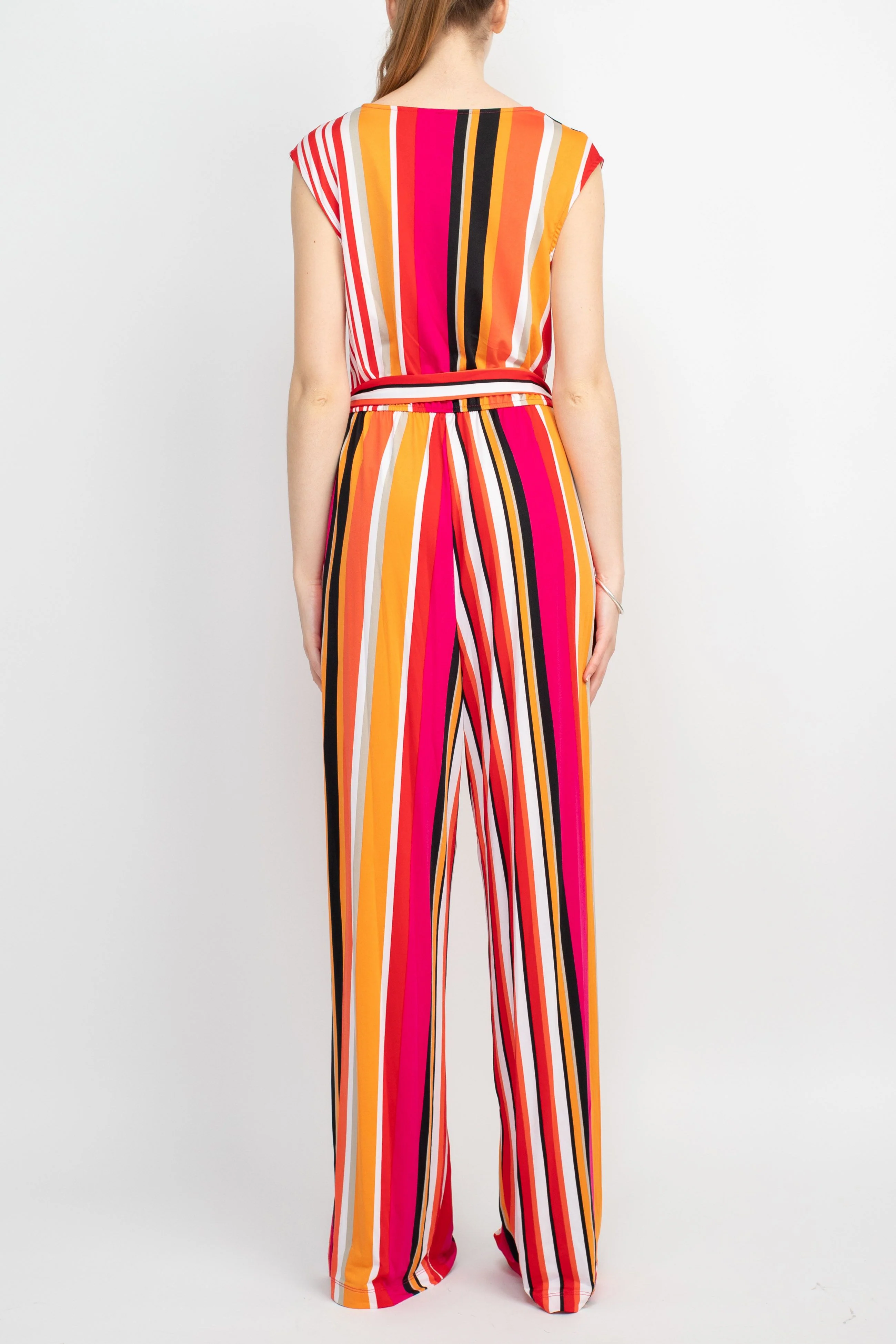 Emma & Michele V-Neck Mock Wrap Top Tie Waist Tripe Print ITY Jumpsuit by Curated Brands - Image 3