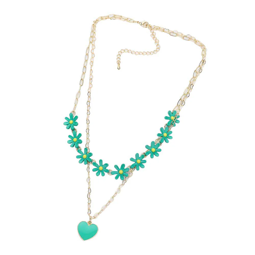 Enamel Heart Pendant Flower Link Double Layered Necklace by Madeline Love - Image 2