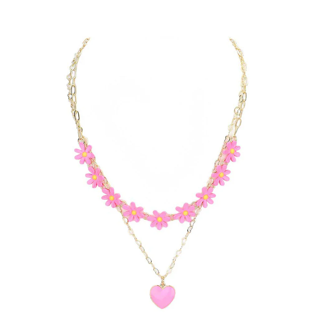 Enamel Heart Pendant Flower Link Double Layered Necklace by Madeline Love - Image 3