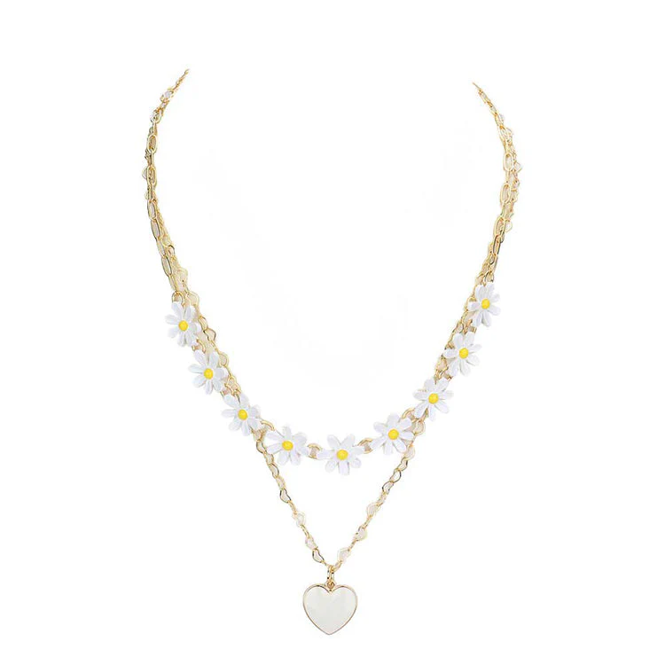 Enamel Heart Pendant Flower Link Double Layered Necklace by Madeline Love - Image 4