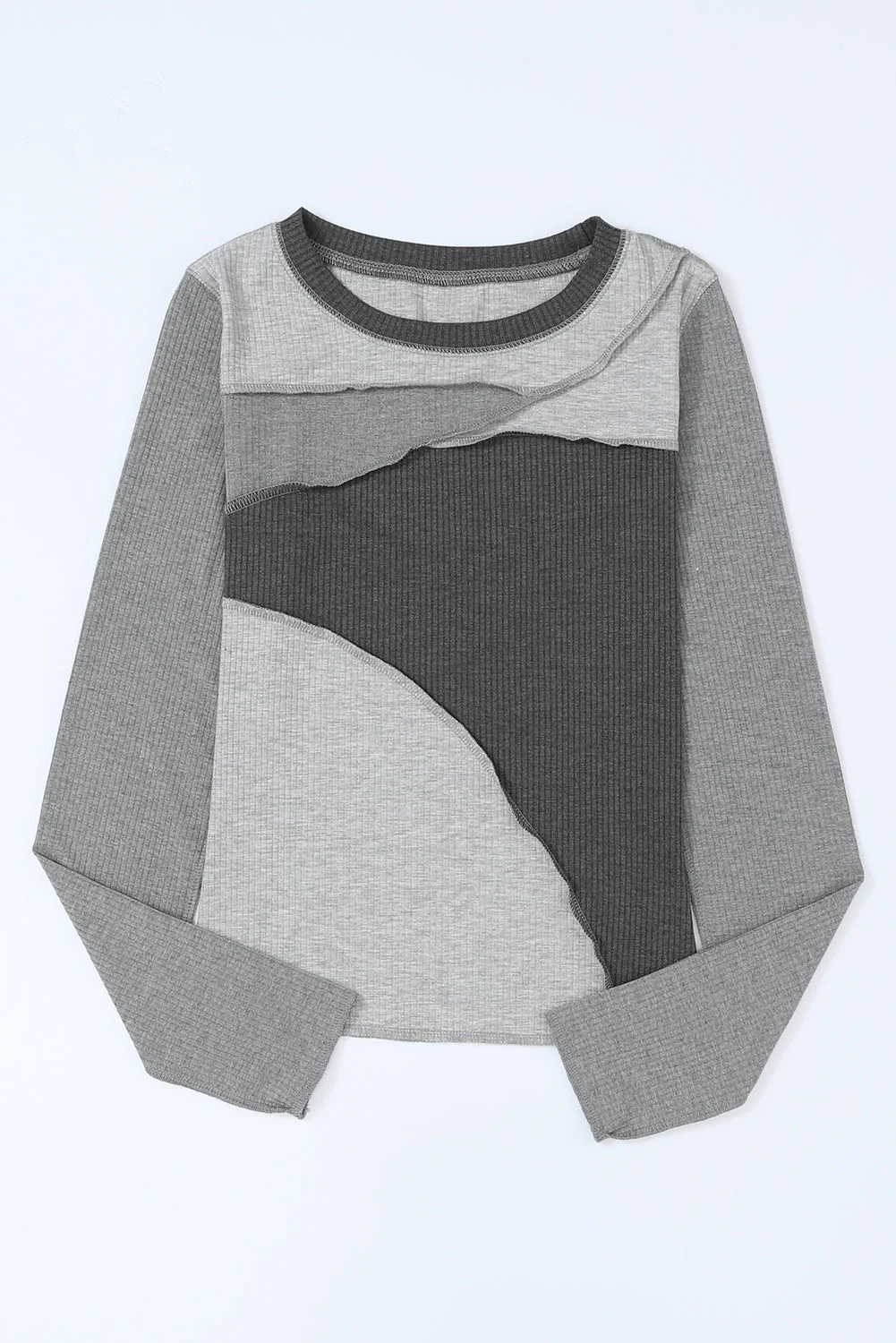 Exposed Seam Contrast Round Neck Long Sleeve T-Shirt - Image 13
