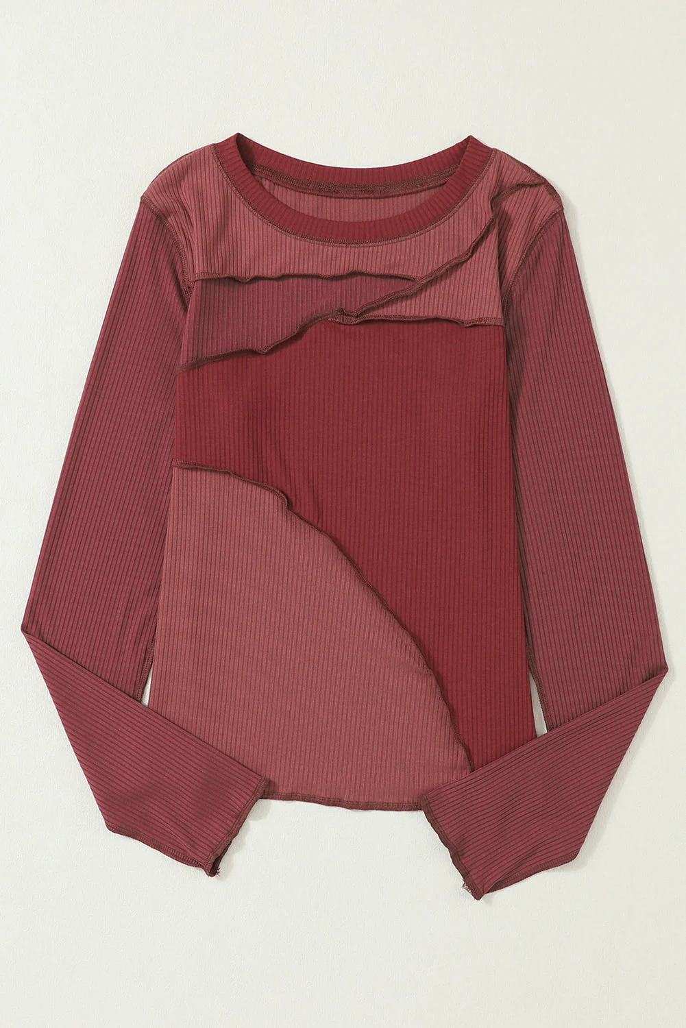 Exposed Seam Contrast Round Neck Long Sleeve T-Shirt - Image 21