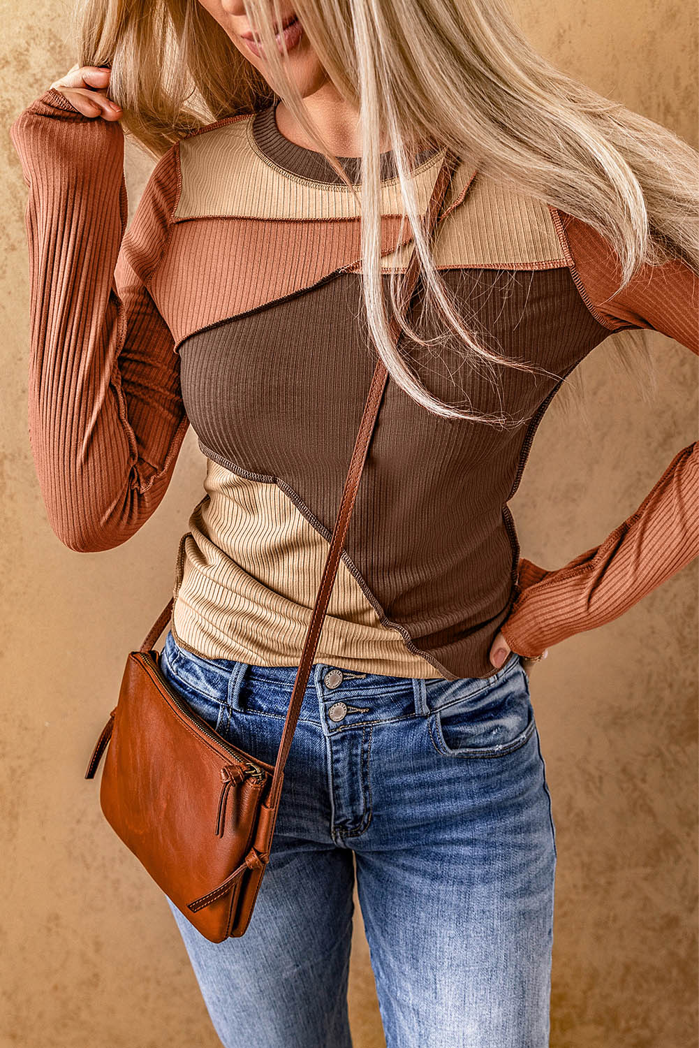 Exposed Seam Contrast Round Neck Long Sleeve T-Shirt - Image 3
