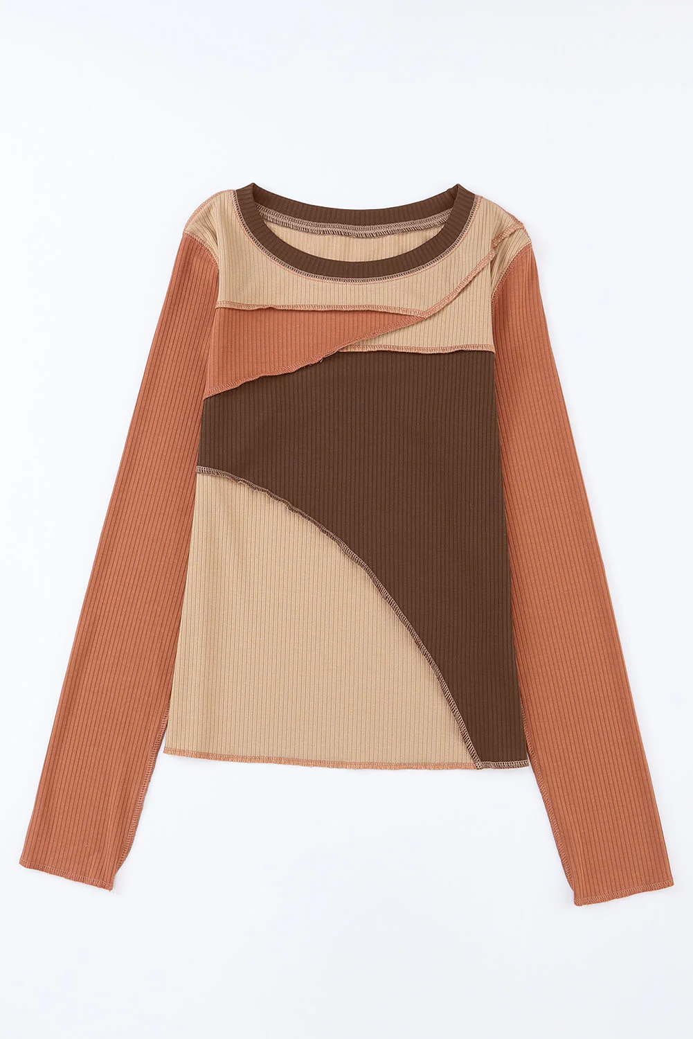 Exposed Seam Contrast Round Neck Long Sleeve T-Shirt - Image 5