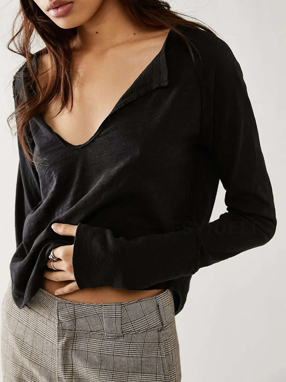 Exposed Seam Notched Long Sleeve T-Shirt - Image 10
