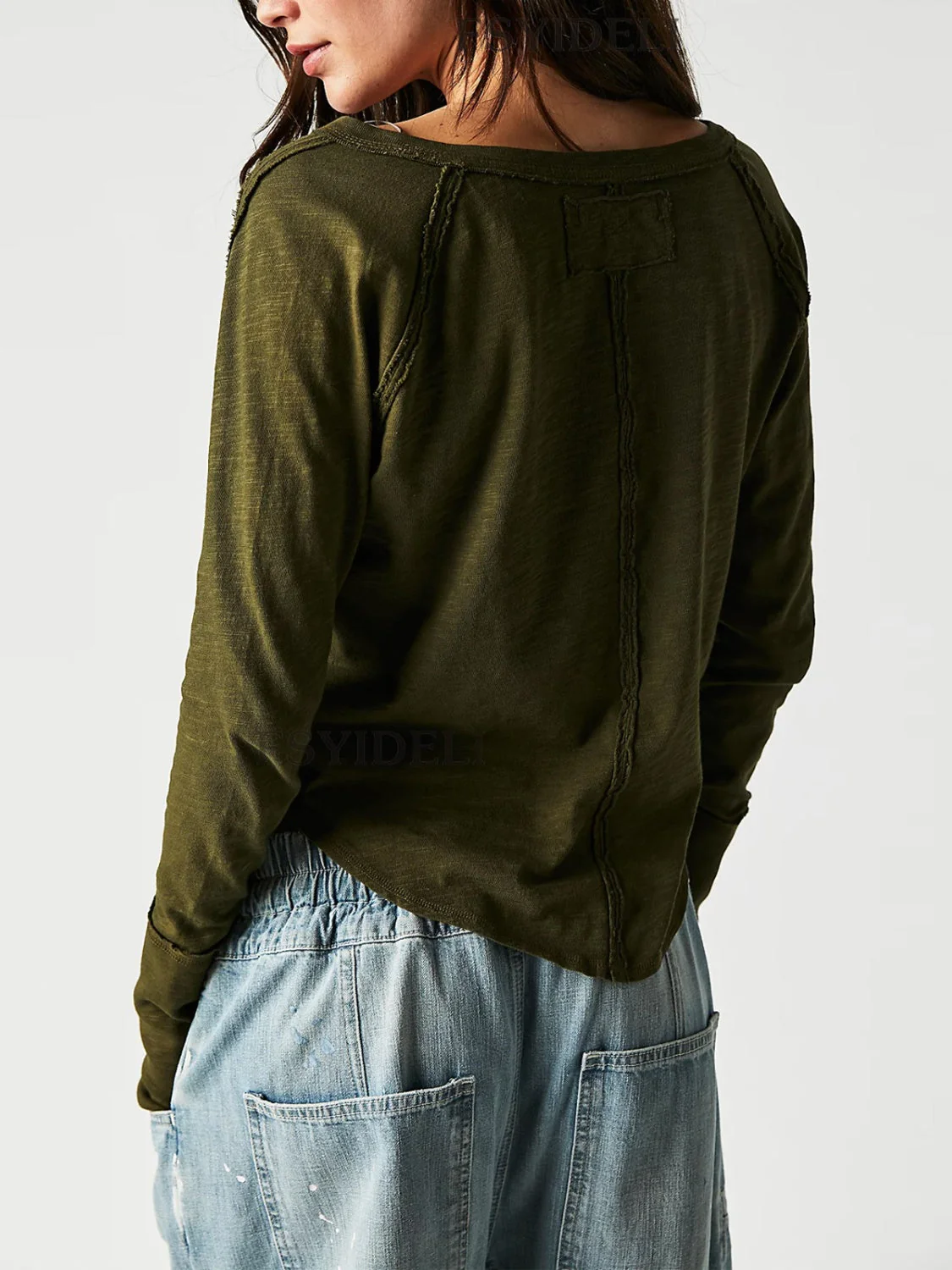Exposed Seam Notched Long Sleeve T-Shirt - Image 2
