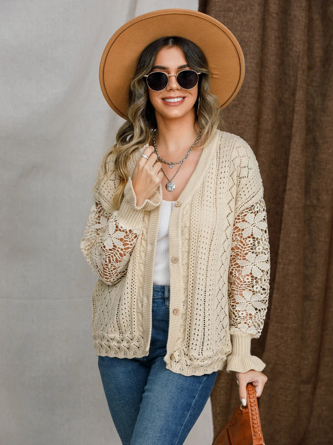Eyelet Button Up Lantern Sleeve Cardigan - Image 2