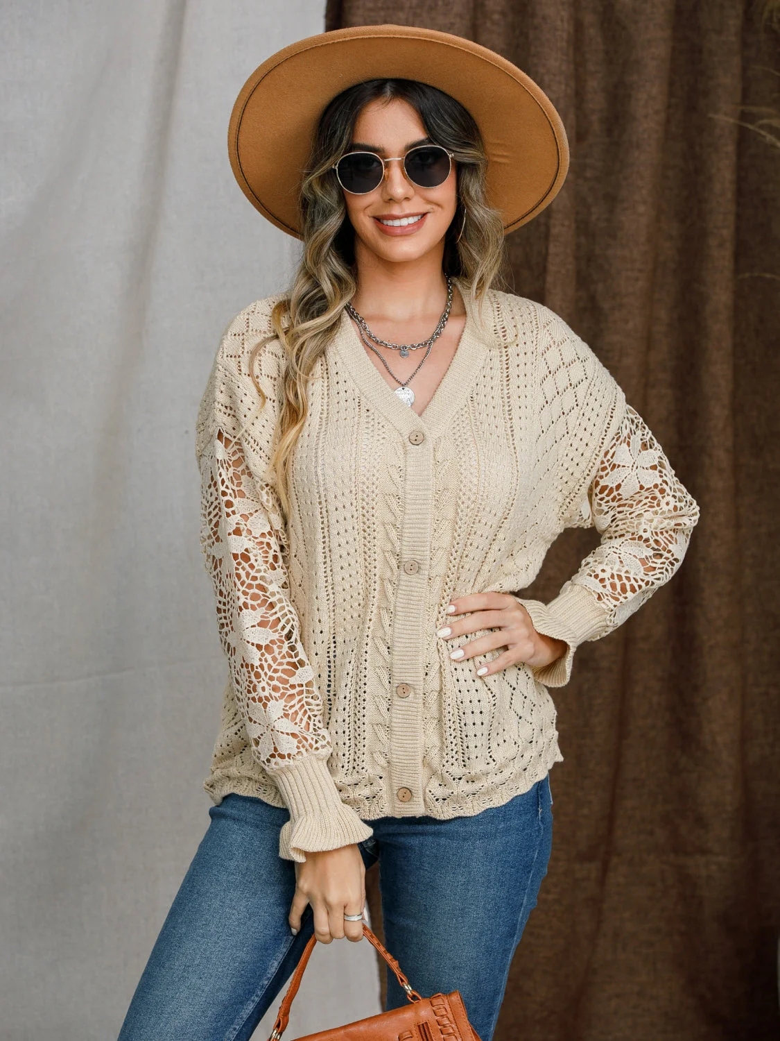 Eyelet Button Up Lantern Sleeve Cardigan - Image 3