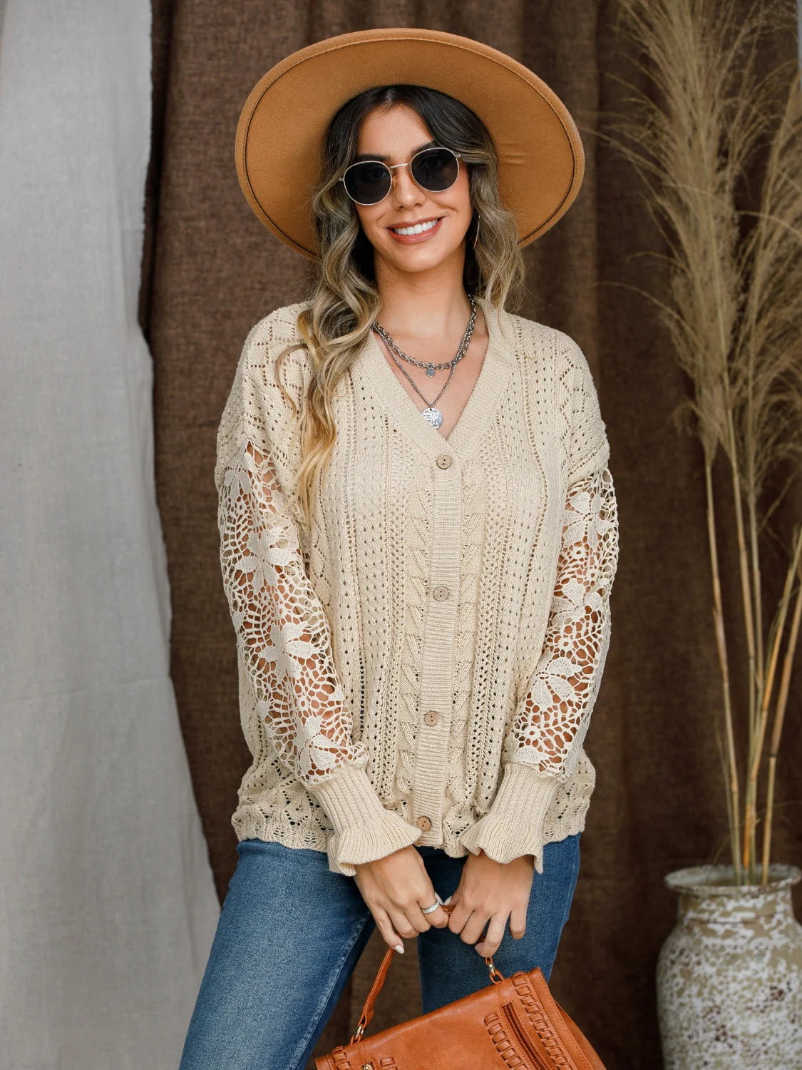 Eyelet Button Up Lantern Sleeve Cardigan - Image 4