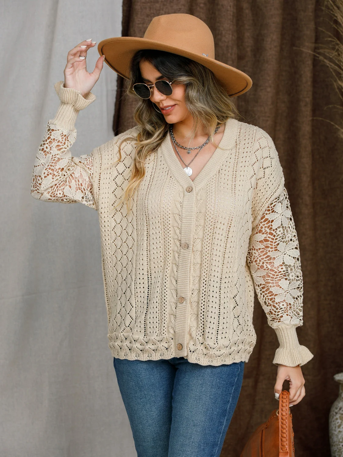 Eyelet Button Up Lantern Sleeve Cardigan - Image 5