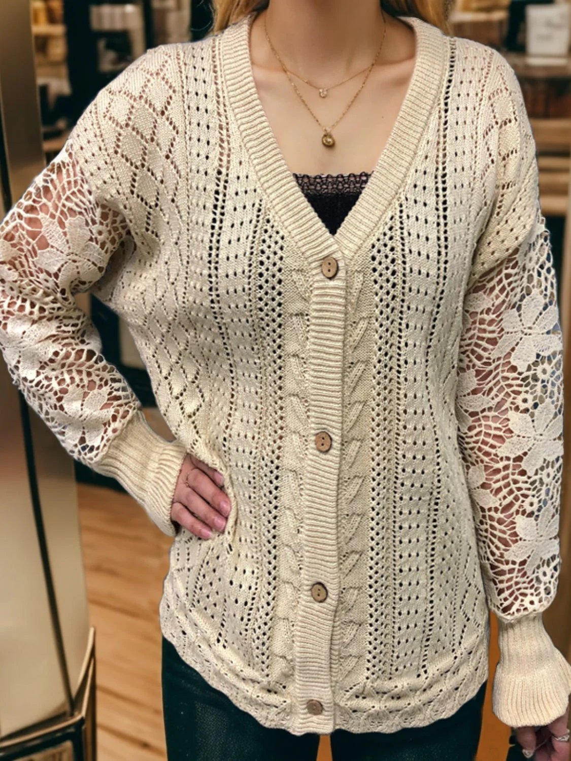 Eyelet Button Up Lantern Sleeve Cardigan - Image 6
