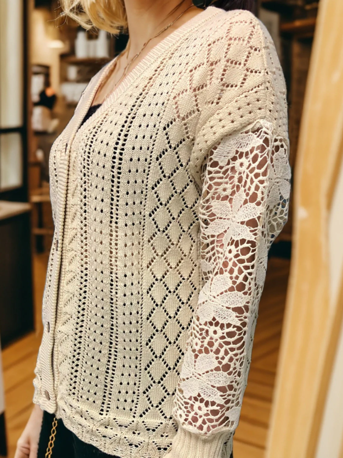 Eyelet Button Up Lantern Sleeve Cardigan - Image 8