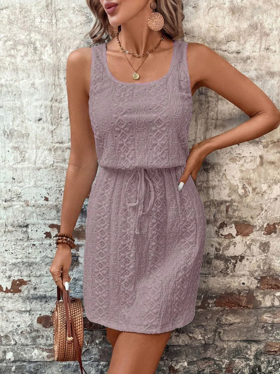 Eyelet Drawstring Round Neck Sleeveless Dress - Image 10