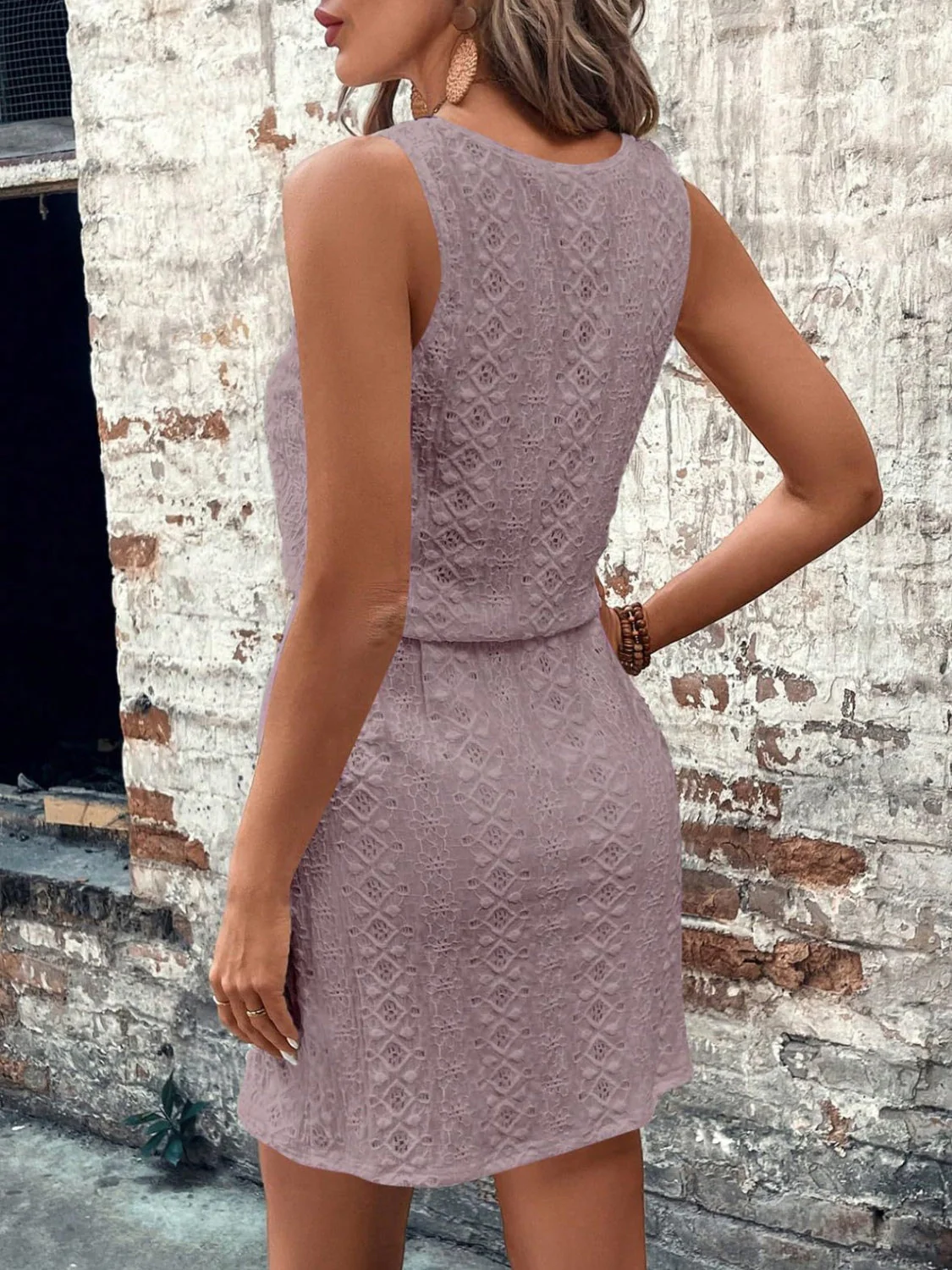 Eyelet Drawstring Round Neck Sleeveless Dress - Image 12