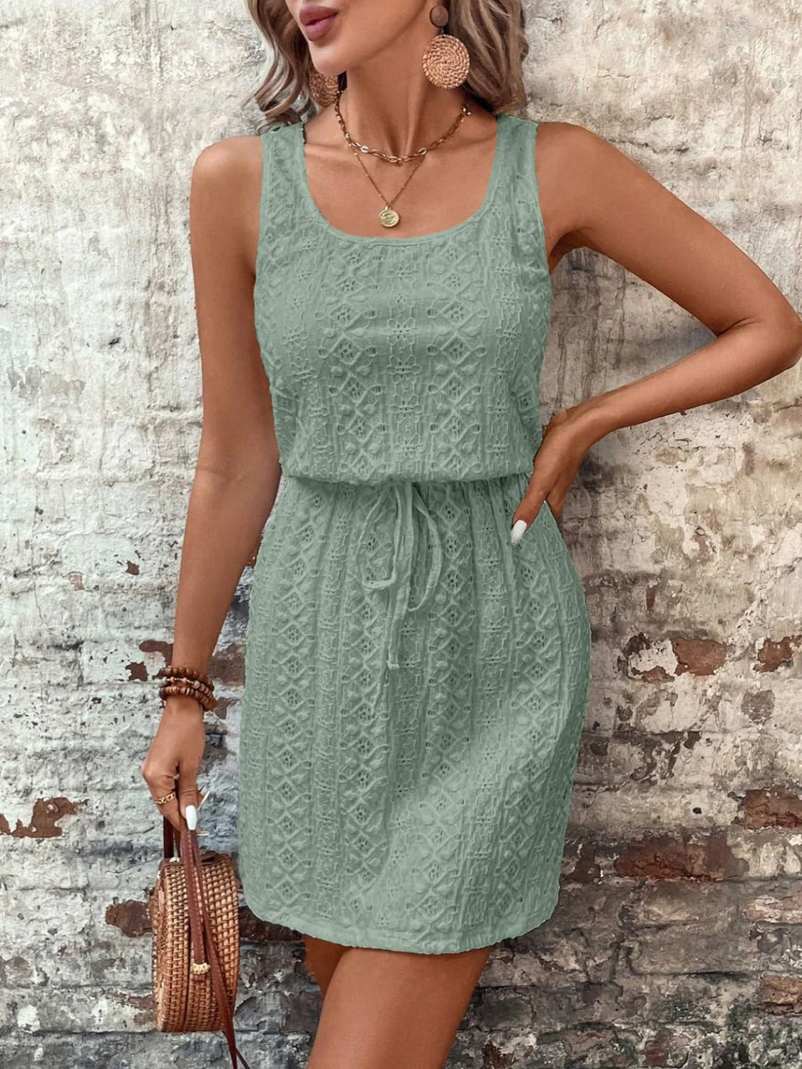 Eyelet Drawstring Round Neck Sleeveless Dress - Image 13