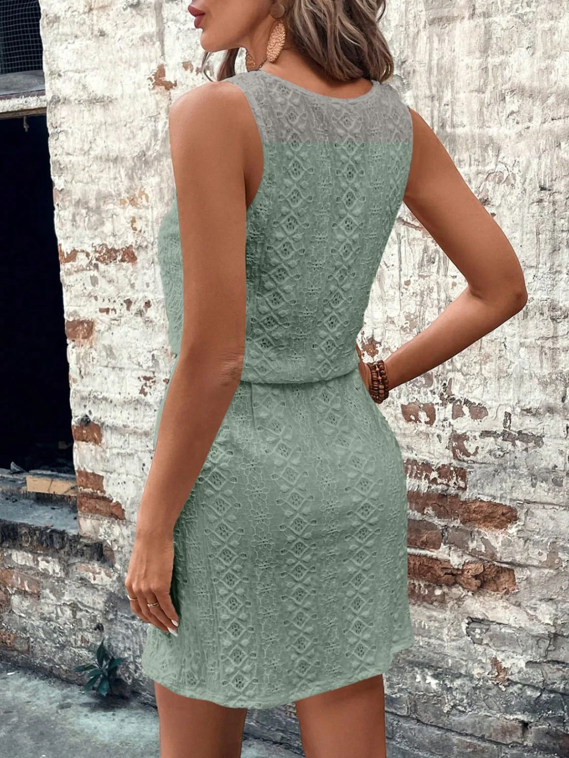 Eyelet Drawstring Round Neck Sleeveless Dress - Image 15