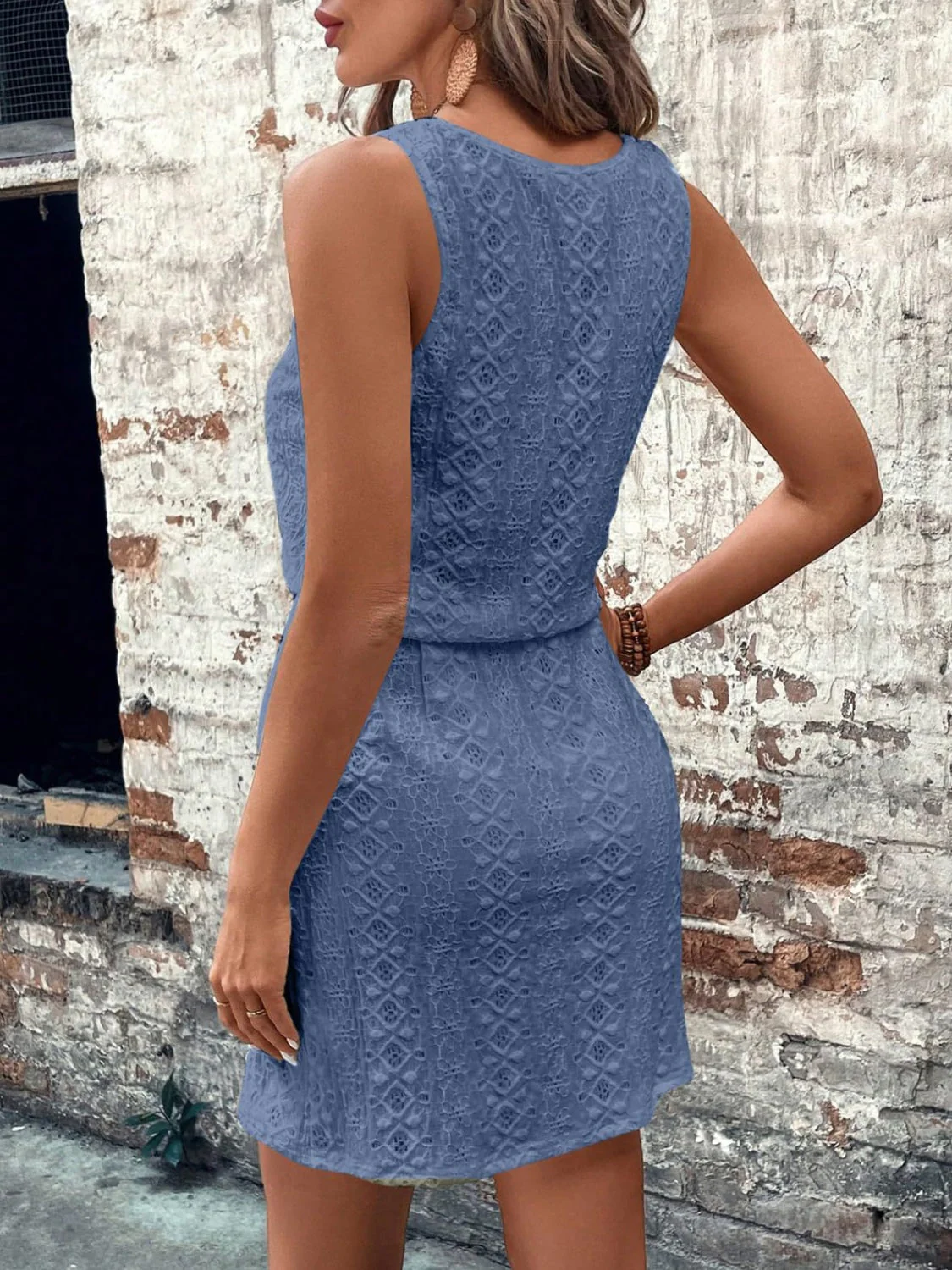 Eyelet Drawstring Round Neck Sleeveless Dress - Image 17