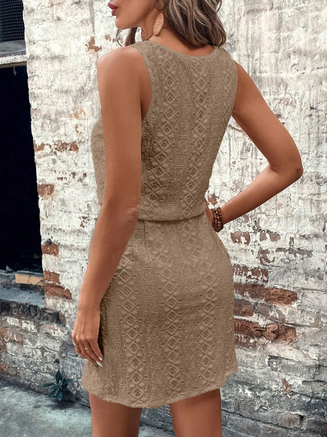 Eyelet Drawstring Round Neck Sleeveless Dress - Image 23