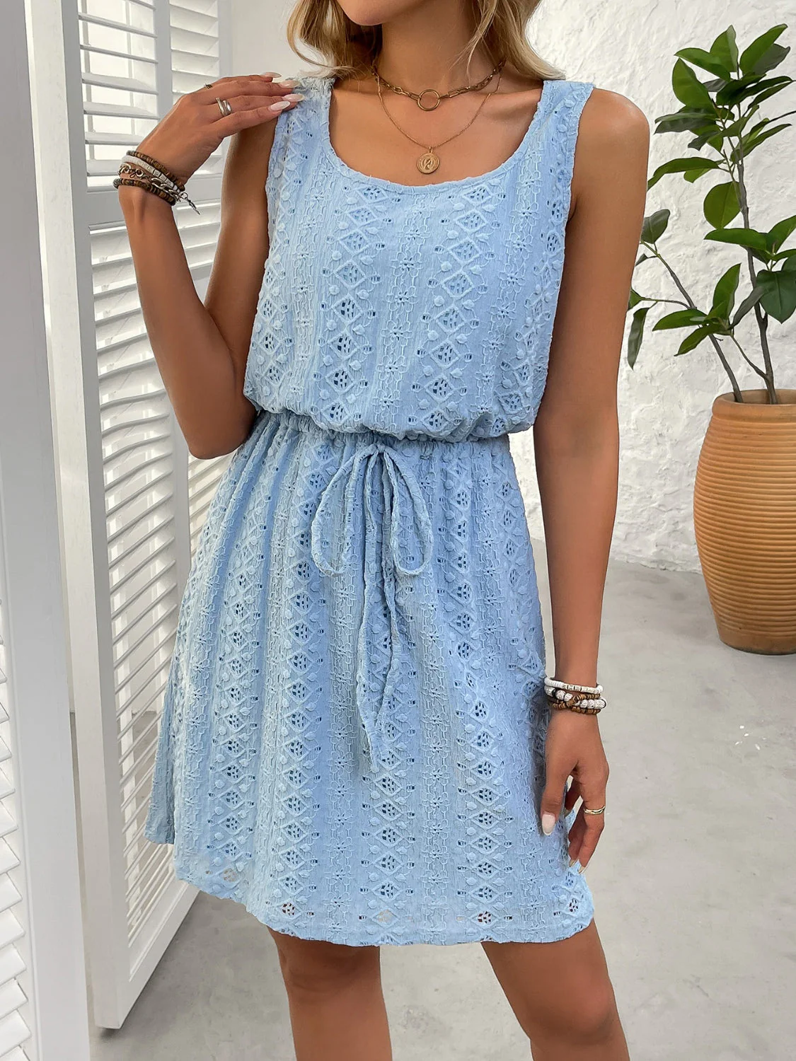 Eyelet Drawstring Round Neck Sleeveless Dress - Image 5