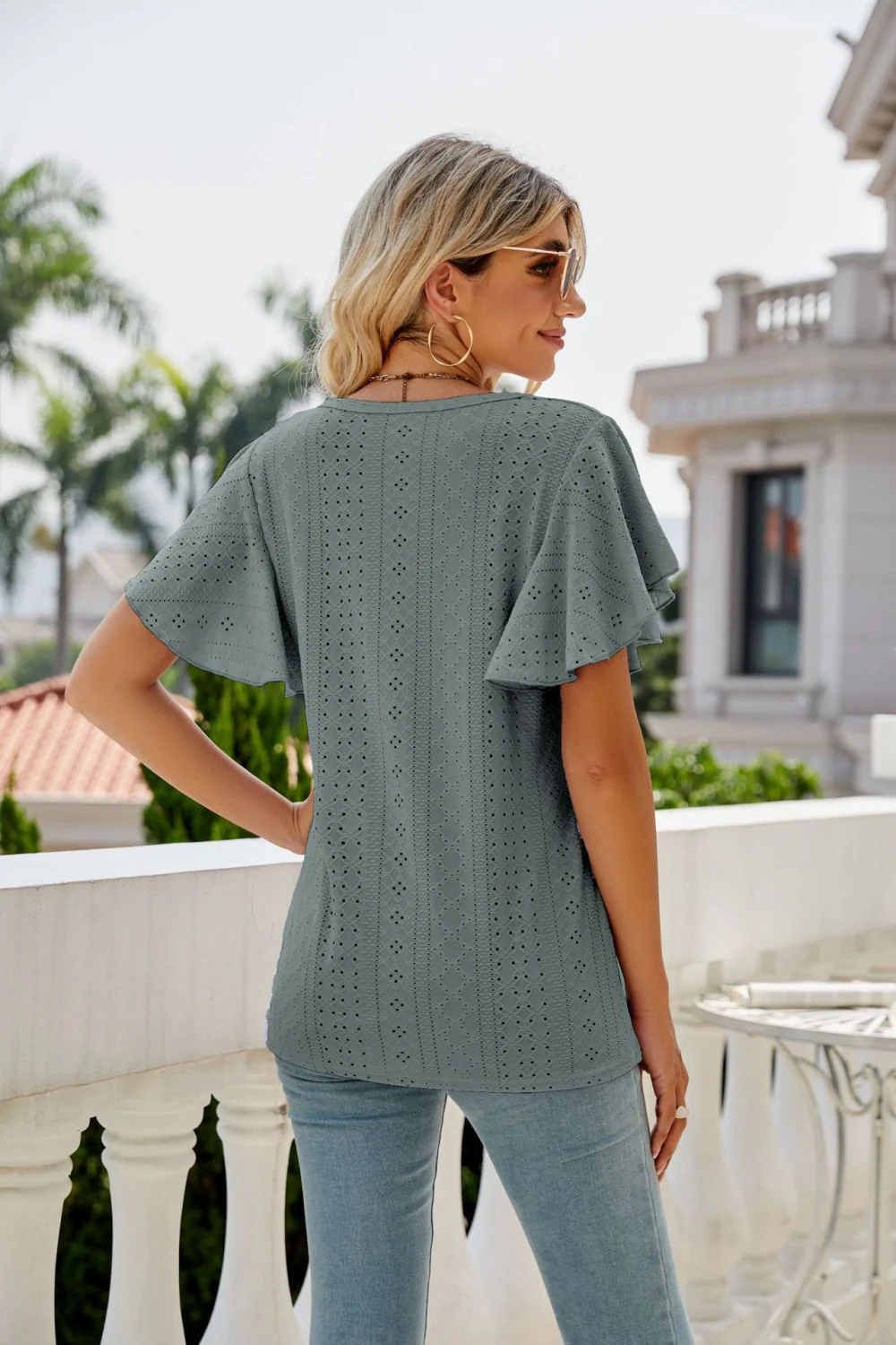 Eyelet Flutter Sleeve Round Neck Top - Image 10