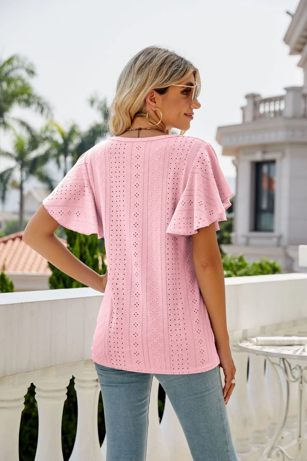 Eyelet Flutter Sleeve Round Neck Top - Image 13
