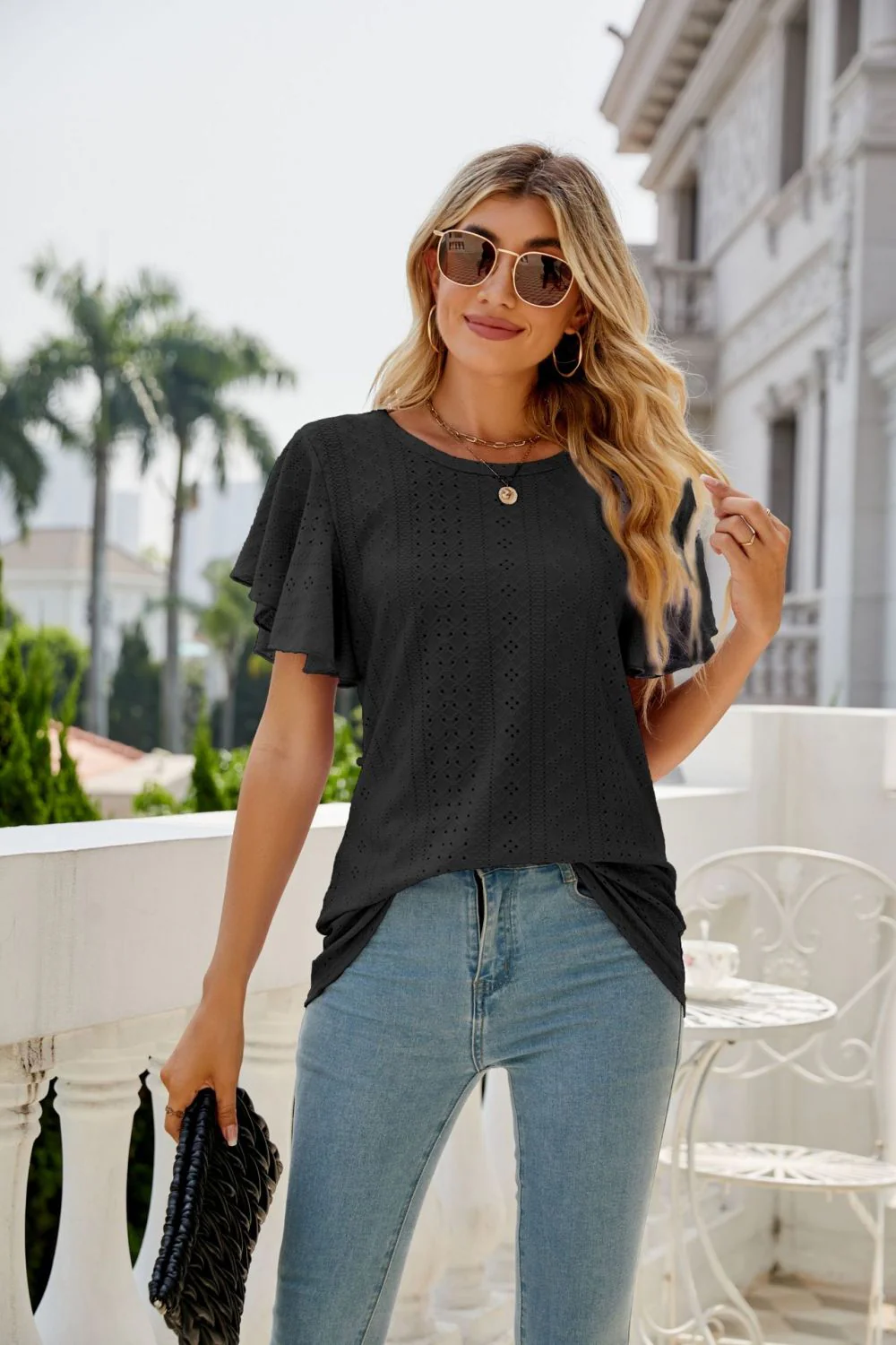 Eyelet Flutter Sleeve Round Neck Top - Image 15