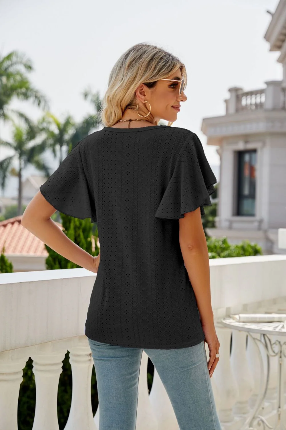 Eyelet Flutter Sleeve Round Neck Top - Image 17