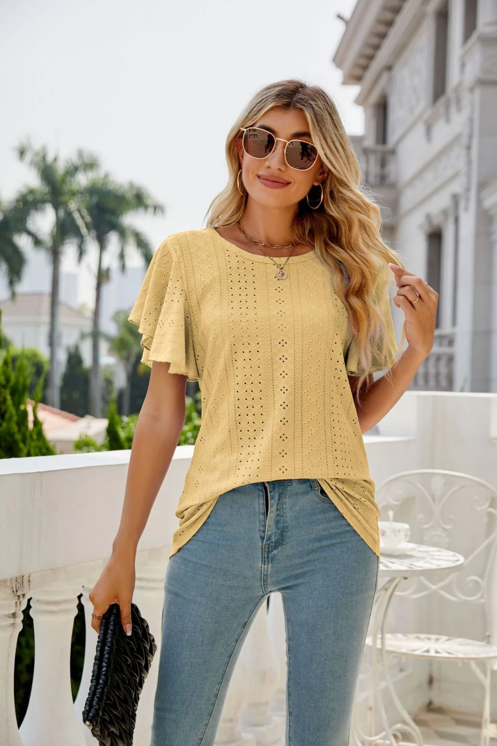Eyelet Flutter Sleeve Round Neck Top - Image 19