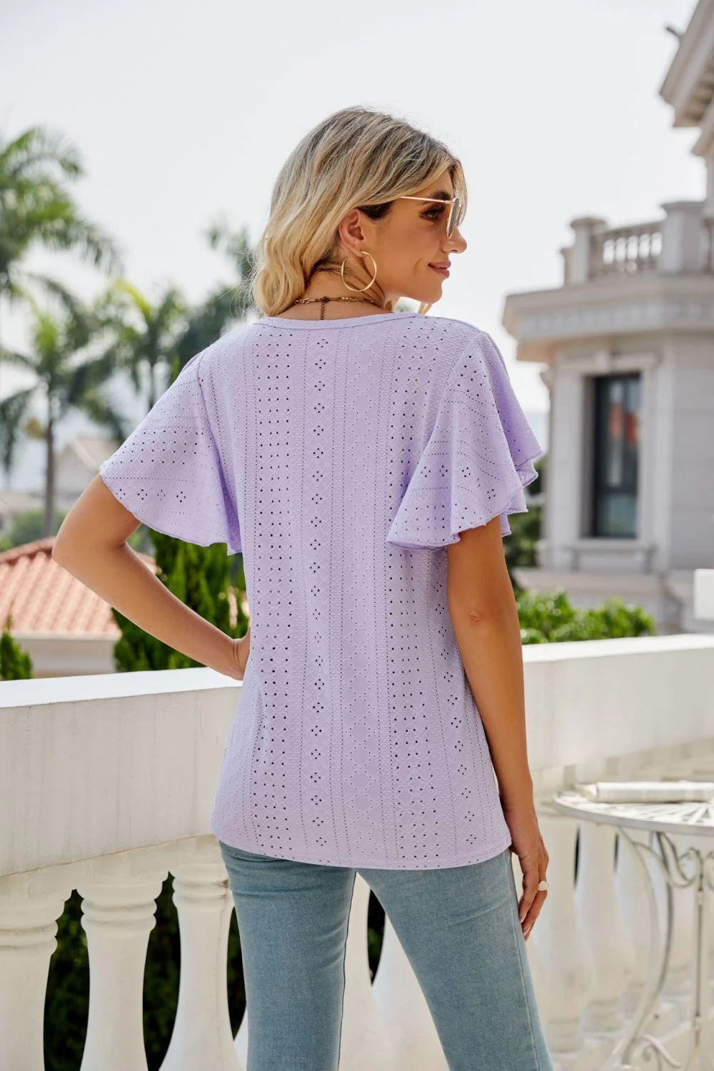 Eyelet Flutter Sleeve Round Neck Top - Image 2