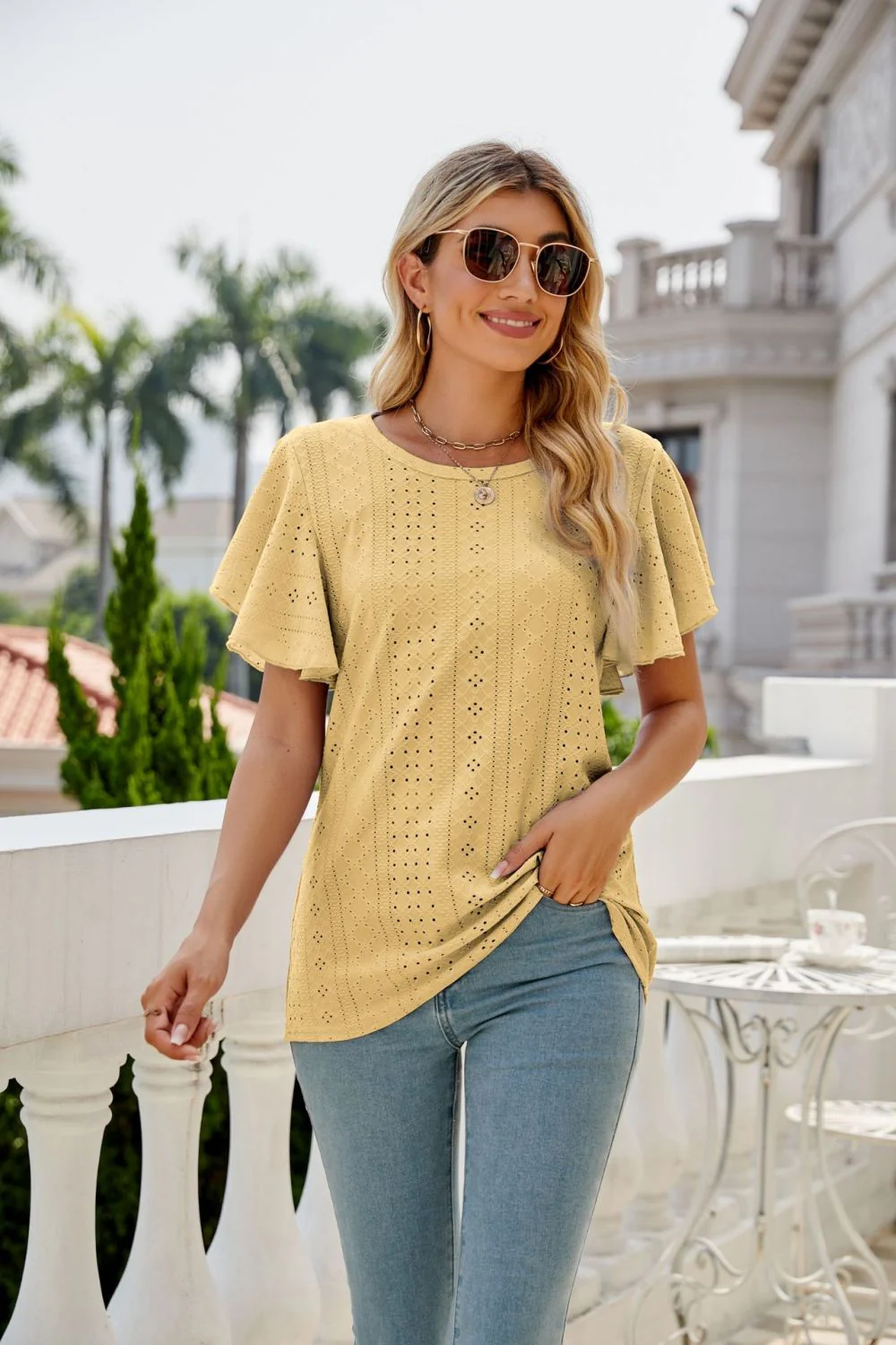 Eyelet Flutter Sleeve Round Neck Top - Image 20