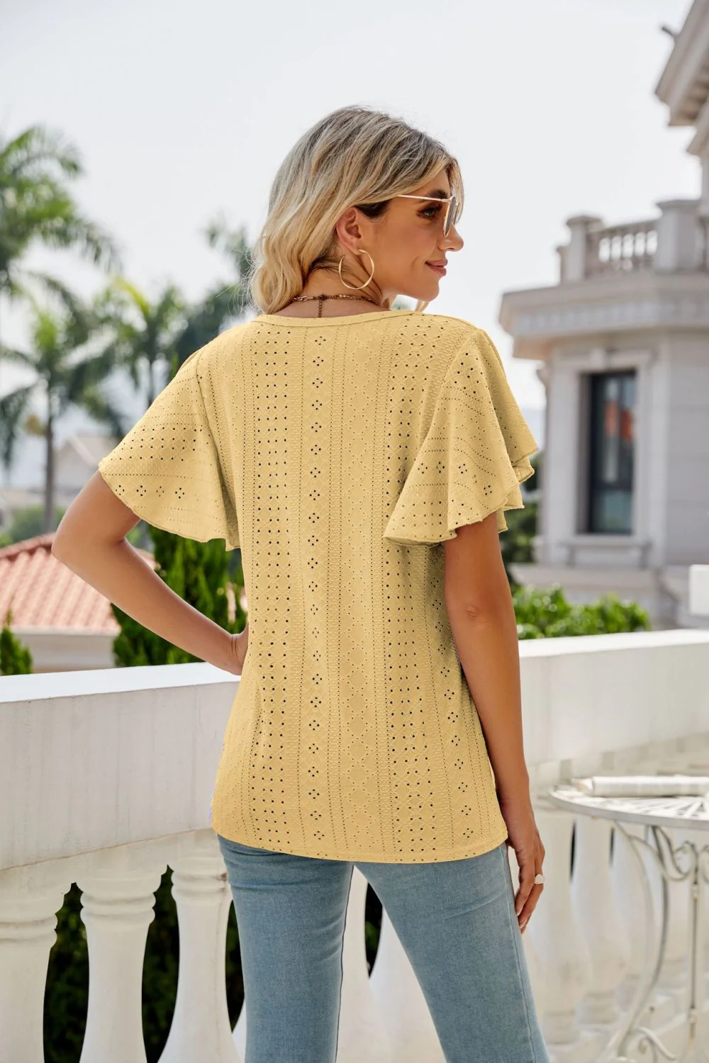Eyelet Flutter Sleeve Round Neck Top - Image 21