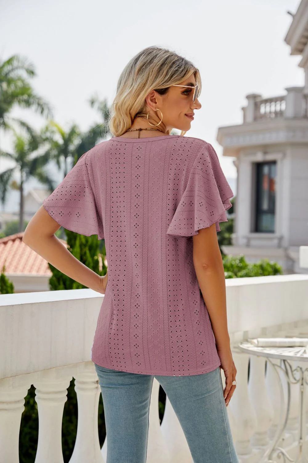 Eyelet Flutter Sleeve Round Neck Top - Image 24