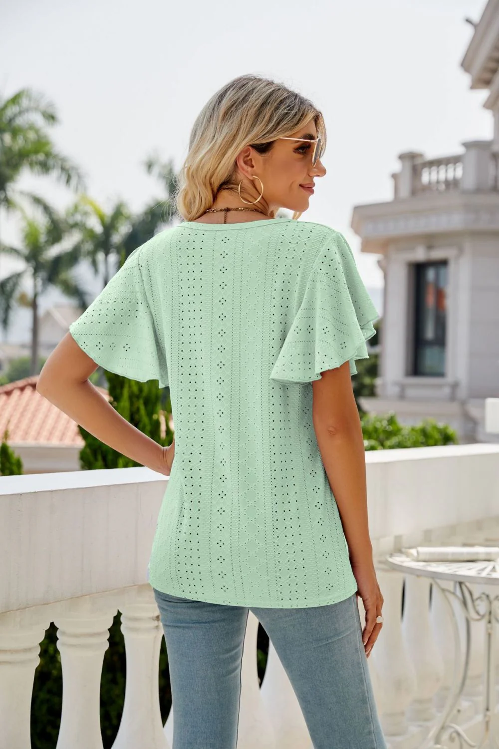 Eyelet Flutter Sleeve Round Neck Top - Image 27