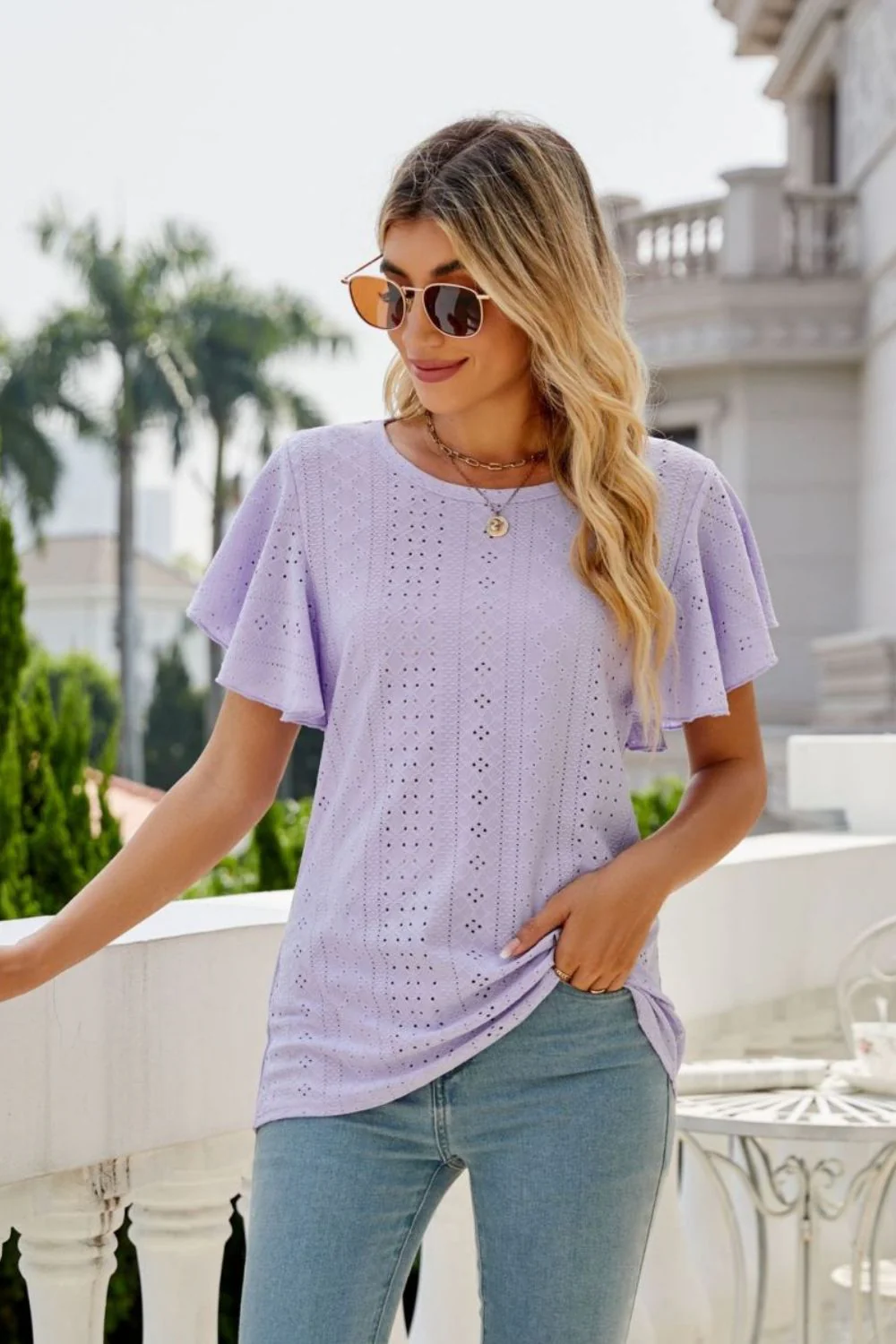Eyelet Flutter Sleeve Round Neck Top - Image 3